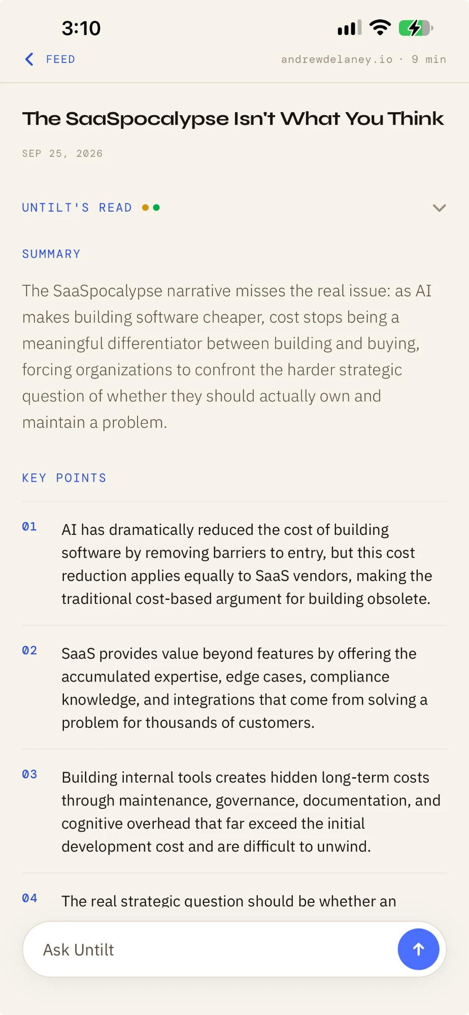 Untilt article detail showing the summary, key points, and guardrails